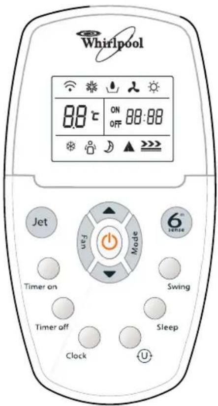 Whirlpool 88°C ON 88:88 OFF Mode 6° Sense Jet Fan Timer on Swing Timer off Sleep Clock U