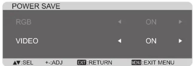 POWER SAVE RGB ON VIDEO ON ▲▼:SEL +:-ADJ EXIT:RETURN MENU:EXIT MENU