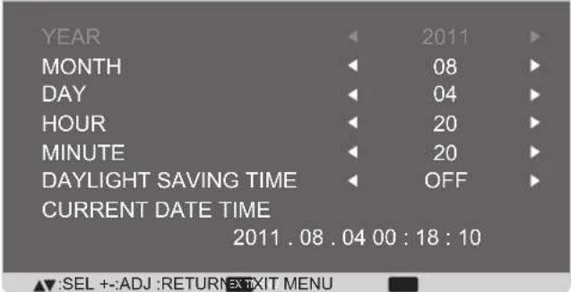 YEAR MONTH DAY HOUR MINUTE DAYLIGHT SAVING TIME CURRENT DATE TIME 2011.08.04 00:18:10 SEL +:ADJ :RETURN EX TIXIT MENU