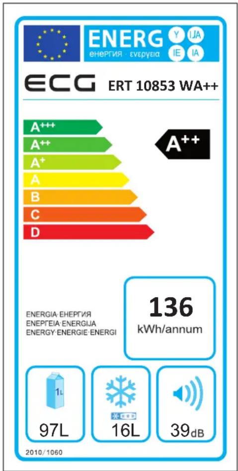 ENERG ENERGIA - EVERGEIA Y IJA IE IA ECG ERT 10853 WA++ A+++ A++ A++ A B C D ENERGIA: EHEPTIA ENEPEIA: ENERGIJA ENERGY: ENERGIE: ENERGI 136 kWh/annum 97L 16L 39dB 2010/1060