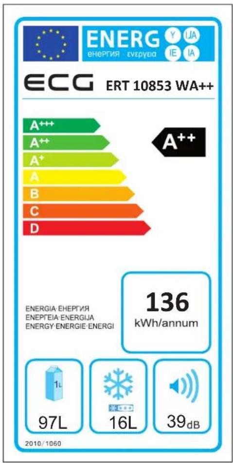 ENERG ENERGIE - Energeia Y IJA IE IA ECG ERT 10853 WA++ A++ A++ A+ A B C D A++ ENERGIA: EHEPTIA ENEPEIA: ENERGIJA ENERGY: ENERGIE: ENERGI 136 kWh/annum 97L 16L 39dB 2010/1060