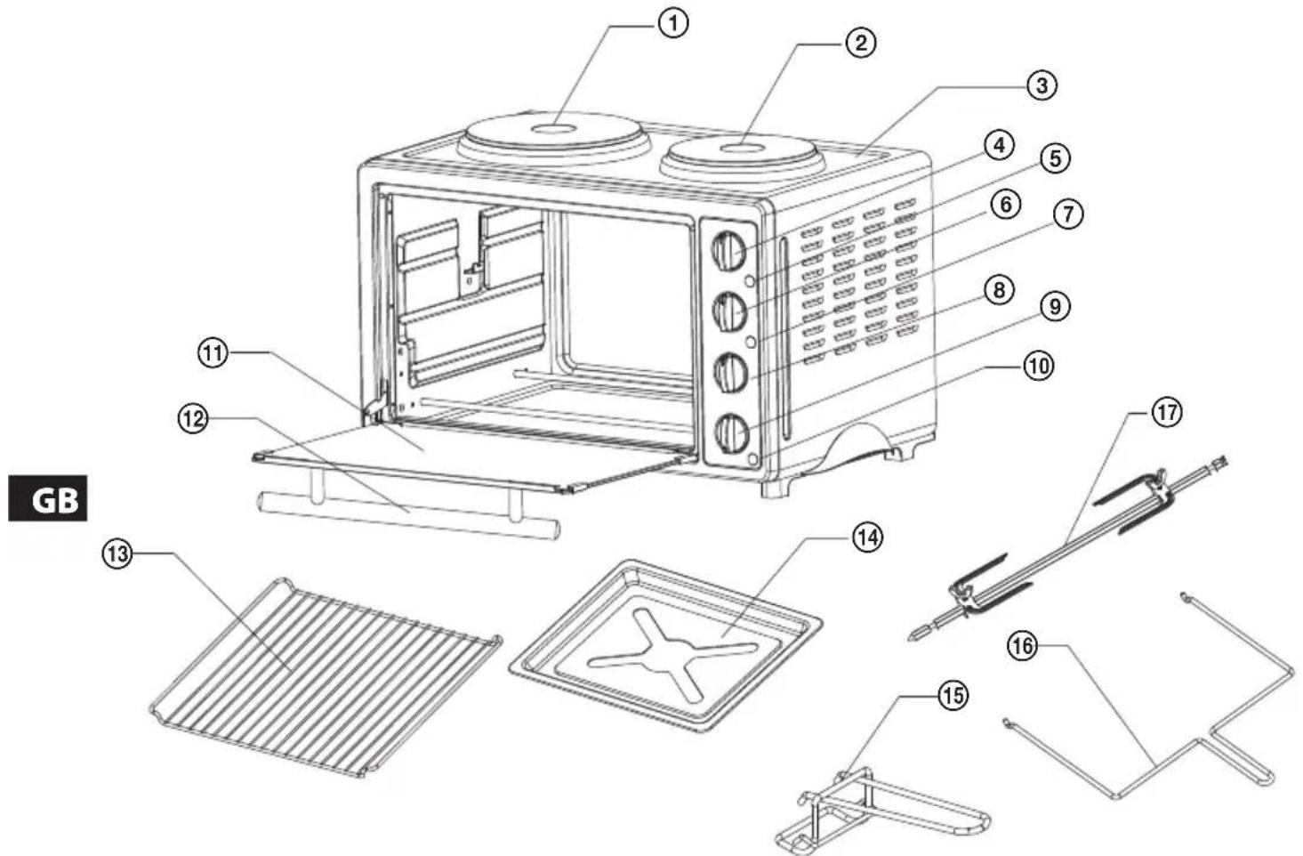 Exploded view diagram of a microwave oven with numbered parts for identification and assembly reference.