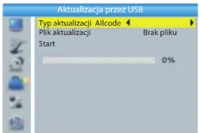 Aktualizacja przez USB Typ aktualizacji Allcode Plik aktualizacji Brak pliku Start 0%