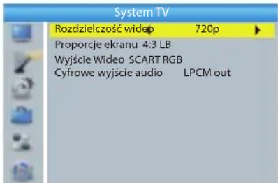 System TV Rozdzielczość widep 720p Proporcje ekranu 4:3 LB Wyjście Wideo SCART RGB Cyfrowe wyjście audio LPCM out