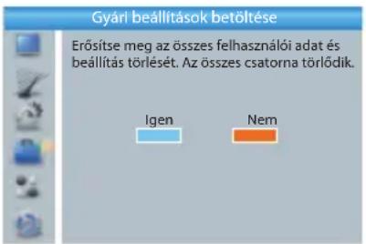 Gyári beállítások betöltése Erősítse meg az összes felhasználói adat és beállítás törlését. Az összes csatorna törlödik. Igen Nem