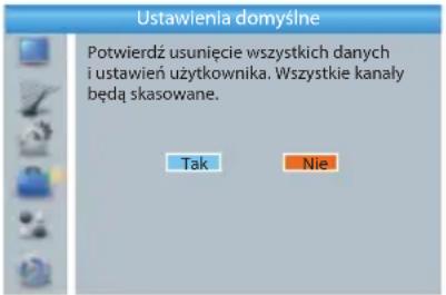 Ustawienia domyślne Potwierdź usunięcie wszystkich danych i ustawień użytkownika. Wszystkie kanaly będą skasowane. Tak Nie
