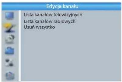 Edycja kanału Lista kanałów telewizyjnych Lista kanałów radiowych Usuń wszystko