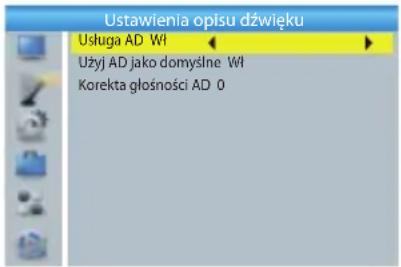 Ustawienia opisu dźwięku Ustuga AD Wł Użyj AD jako domyślne Wł Korekta głośności AD 0