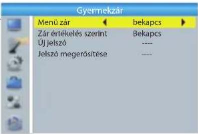Gyermekzár Menü zár ← bekapcs ► Zár értékelés szerint Békapcs Új Jelszó ---- Jelszó megerősítése ----