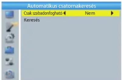 Automatikus csatornakeresés Csak szabadonfogható ← Nem ► Keresés