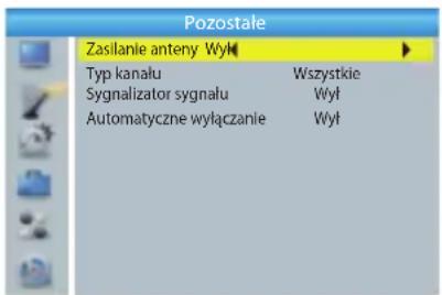 Pozostałe Zasilanie anteny Wyt Typ kanału Wszystkie Sygnalizator sygnału Wyt Automatyczne wyłączenie Wyt