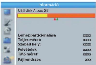 Információ USB disk A: xxx GB Lemez partícionálása xxxx Teljes méret: xxxx Szabad hely: xxxx Felvételek xxxx TMS méret: xxxx Fájlrendszer: xxx