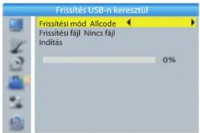 Frissítés USB-n keresztül Frissítési mód Allcode Frissítési fájl Nincs fájl Inditás 0%