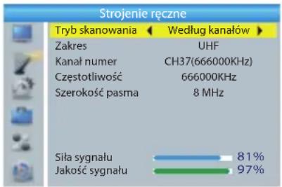 Strojenie ręczne Tryb skanowania Według kanałów Zakres UHF Kanał numer CH37(666000KHz) Częstotliwość 666000KHz Szerokość pasma 8 MHz Siła sygnału 81% Jakość sygnału 97%