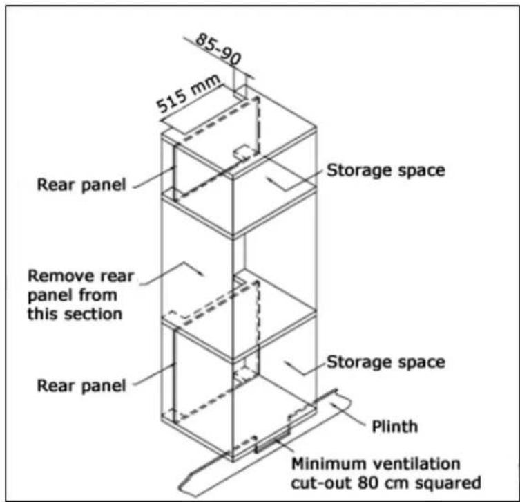 85-90 515 mm Rear panel Storage space Remove rear panel from this section Rear panel Storage space Plinth Minimum ventilation cut-out 80 cm squared