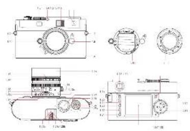 Technical schematic diagram of a mechanical device with labeled components and cross-sectional views