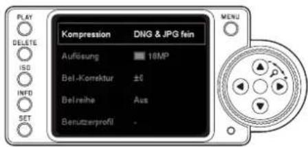 PLAY DELETE ISO INFD SET Kompression DNG & JPG fin Auflösung 16MP Bel-Korrektur ±0 Belreihe Aus Benutzerprofil - MENU