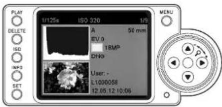 PLAY DELETE ISO IMP3 SET 1/125s ISO 320 1/s A 50 mm EV.0 18MP DIN3 User: - L1000058 12.65.12 10:06 MENU