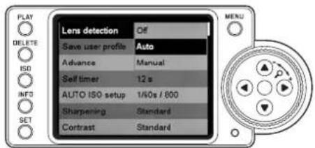 PLAY DELETE ISO INF5 SET Lens detection Off Save user profile Auto Advance Manual Self timer 12 s AUTO ISO setup 1/40s / 800 Sharpening Standard Contrast Standard MENU