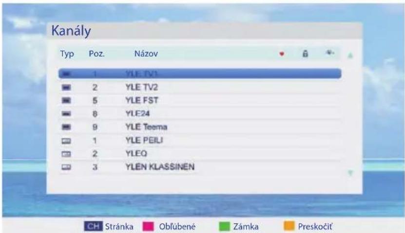 Kanály Typ Poz. Názov 1 YLE TV2 2 YLE TV2 5 YLE FST 8 YLE24 9 YLE Teema 1 YLE PEILJ 2 YLEQ 3 YLEN Klassinen CH Stránka Oblúbené Zámka Preskočit