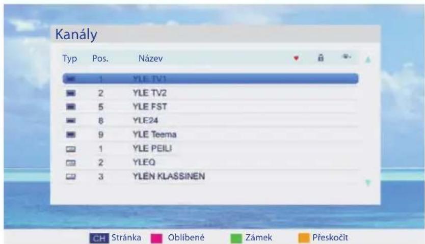 Kanály Typ Pos. Název 1 YLE TV1 2 YLE TV2 5 YLE FST 8 YLE24 9 YLE Teema 1 YLE PEILJ 2 YLEQ 3 YLEN Klassinen CH Stránka Oblíbené Zámek Přeskočit