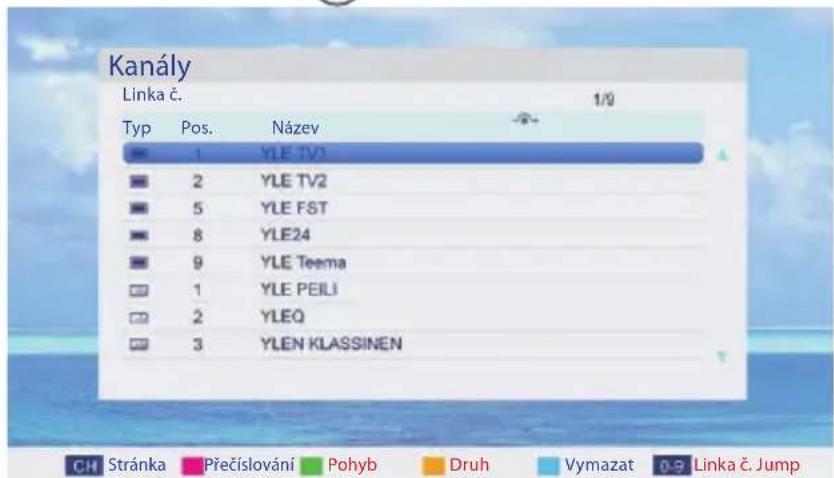 Kanály Linka č. 1/9 Typ Pos. Název ■ 1 YLE TV1 ■ 2 YLE TV2 ■ 5 YLE FST ■ 8 YLE24 ■ 9 YLE Teema □ 1 YLE PEILI □ 2 YLEQ □ 3 YLEN Klassinen CH Stránka Přečíslování Pohyb Druh Vymazat 0-9 Linka č. Jump