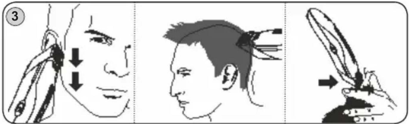 Illustration showing three-step hair styling technique: head, neck, and feathering steps with directional arrows.