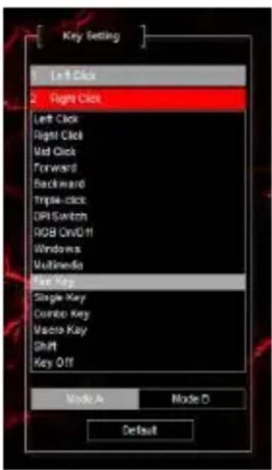 Key Setting 1 Left Click 2 Right Click Left Click Right Click Mid Click Forward Backward Triple-click DPI Switch RGB CMU-11 Windows Multimedia Key Key Single Key Combo Key Macro Key Shift Key Off Mode A Mode O Default