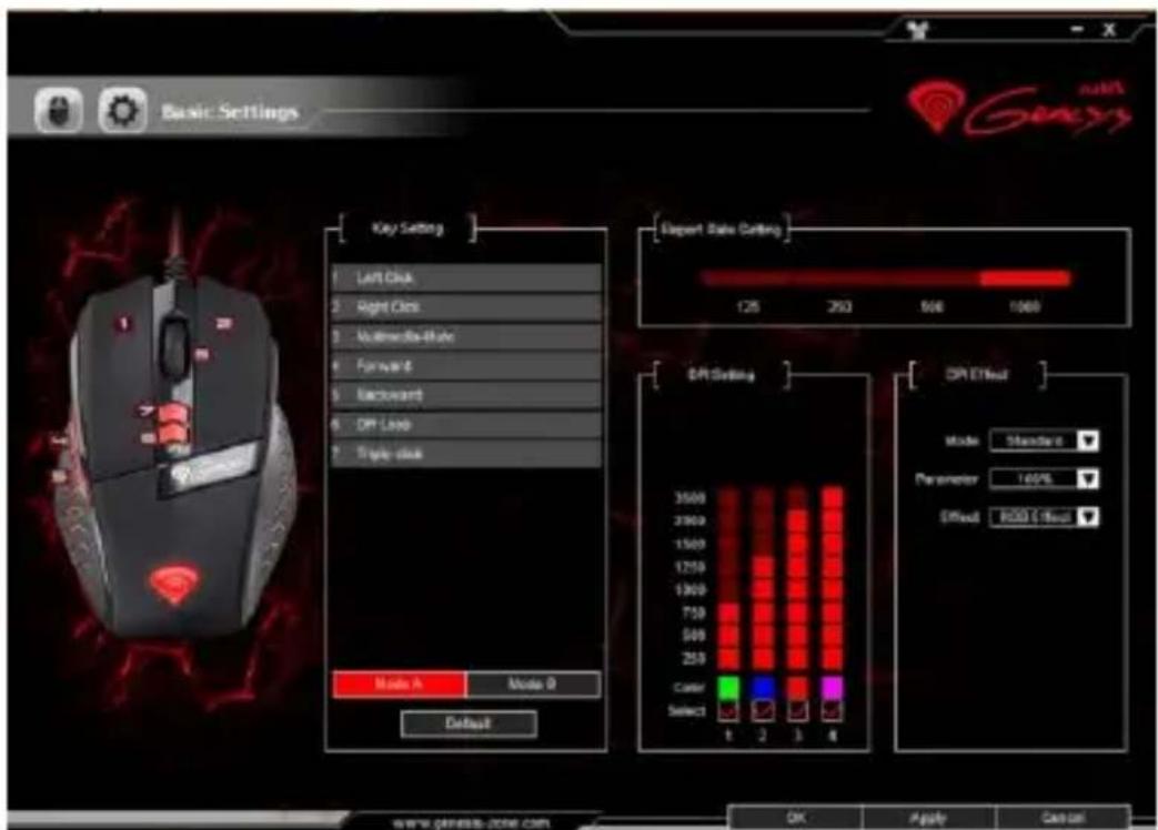 Basic Settings Key Setting Left Click Right Click Australia-Mate Forward Backward DIP Loop Triple Click Report Rate Setting 125 250 500 1000 DIP Setting 3500 2900 1500 1250 1000 750 500 250 Center Select 1 2 3 4 DIP Effect Mode Standard Parameter 160% Effect RGB C Effect OK Apply Cancel www.geness-zone.com