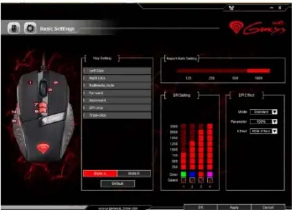 Basic Settings 600000 Key Setting Left Case Right Case Backward Side Forward Backward DIP Loop Prior-Click Report Rate Setting 125 250 500 1000 DIP Setting 3000 2000 1000 1250 1500 Color General 4 2 3 4 DIP Block Mode Standard Parameter 100% S Test RGB/ETtest www.geneia.2000-128 OK Apply Cancel