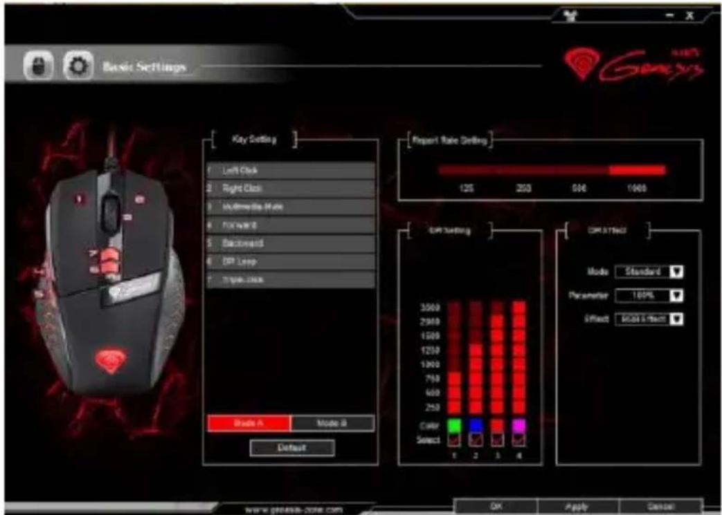 Basic Settings Key Setting Left Clock Right Clock Multimedia Mode Forward Backward Diff Loop Triple Clock Project Rate Drilling 125 200 306 1988 CPI Setting 3500 2900 1000 1250 1000 750 600 250 Color Select 1 2 3 4 OK Apply Cancel Mode Standard Parameter 100% Effect Local Effect www.gelease-zone.com OK Apply Cancel