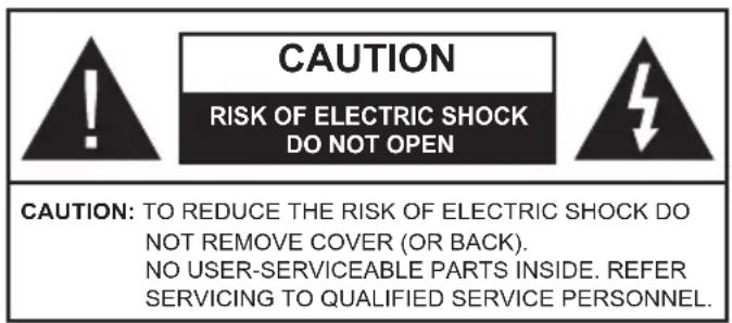 CAUTION RISK OF ELECTRIC SHOCK DO NOT OPEN CAUTION: TO REDUCE THE RISK OF ELECTRIC SHOCK DO NOT REMOVE COVER (OR BACK). NO USER-SERVICEABLE PARTS INSIDE. REFER SERVICING TO QUALIFIED SERVICE PERSONNEL.