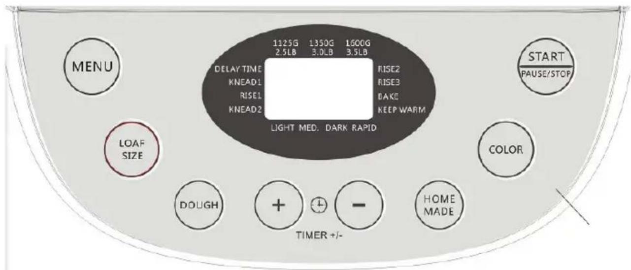 MENU 1125G 1350G 1600G 2.5LB 3.0LB 3.5LB DELAY TIME KNEAD1 RISE1 KNEAD2 RISE2 RISE3 BAKE KEEP WARM LIGHT MED. DARK RAPID START PAUSE/STOP LOAF SIZE COLOR DOUGH + - TIMER +/- HOME MADE