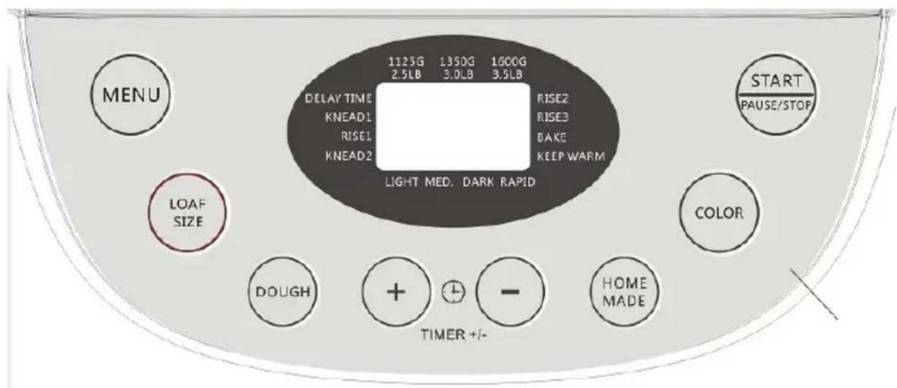 MENU 1125G 1350G 1600G 2.5LB 3.0LB 3.5LB DELAY TIME RISE2 KNEAD1 RISE3 RISE1 BAKE KNEAD2 KEEP WARM LIGHT MED. DARK RAPID START /PAUSE/STOP LOAF SIZE COLOR DOUGH + - TIMER +/- HOME MADE