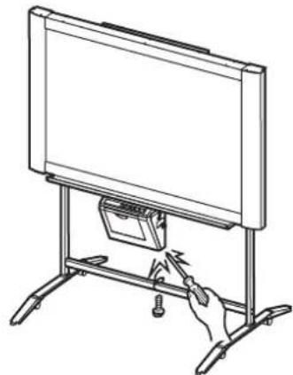 Line drawing of a hand using a tool to press or install a whiteboard on a stand (no text or symbols)