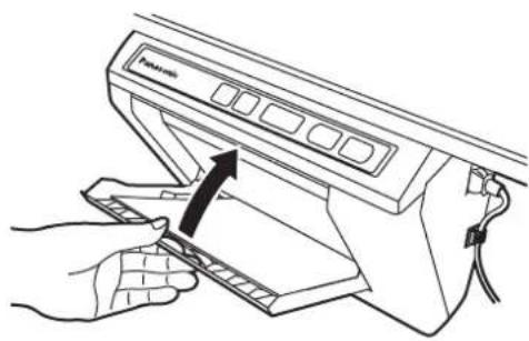 Line drawing of hands inserting a device into a device (no text or symbols)