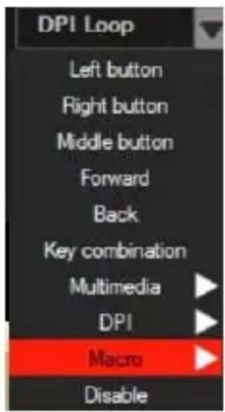 DPI Loop Left button Right button Middle button Forward Back Key combination Multimedia ▶ DPI ▶ Macro ▶ Disable