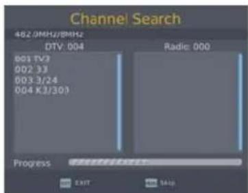 Channel Search 482.0MHz/8MHz DTV: 004 Radio: 000 801 TV3 002 33 003 3/24 004 K3/301 Progress EXIT Help
