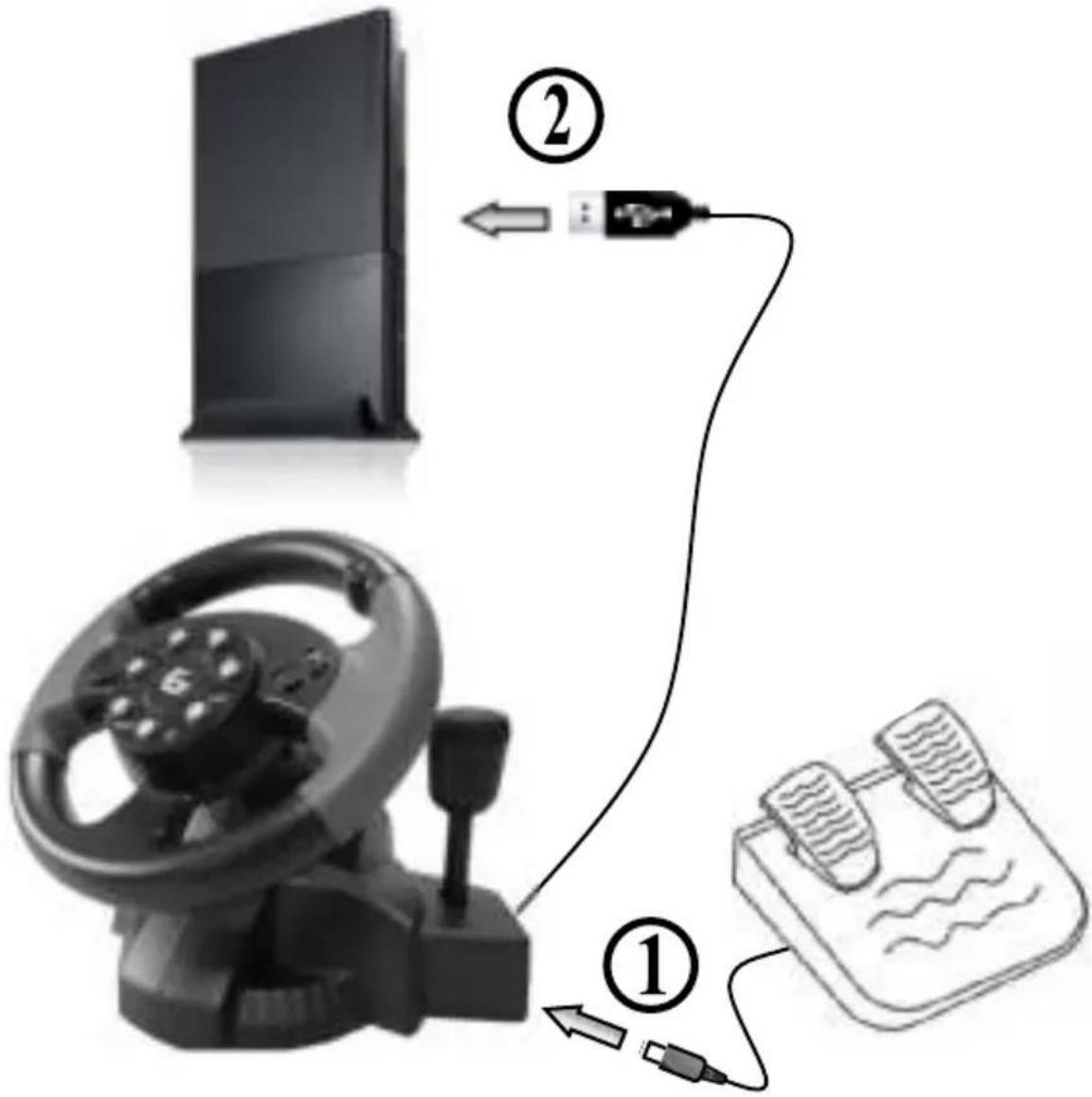 Diagram showing a device connection with labeled parts: a monitor, steering wheel, and a battery, illustrating a wiring or signal flow.