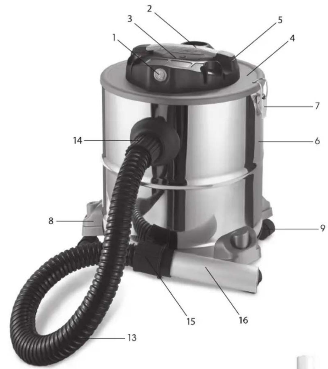Labeled diagram of a vacuum cleaner with numbered parts for identification