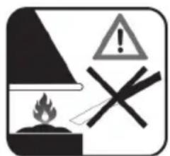 Warning sign with flame, warning triangle, and cross symbols indicating hazard or caution