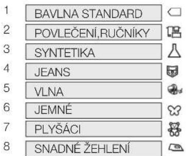 1 BAVLNA STANDARD 2 POVLEČENÍ,RUČNÍKY 3 SYNTETIKA 4 JEANS 5 VLNA 6 JEMNÉ 7 PLYŠÁCI 8 SNADNÉ ŽEHLENÍ