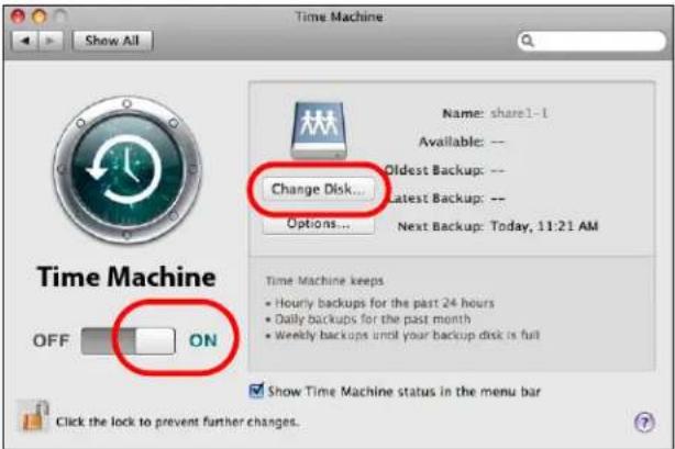 Time Machine Show All Name: share1-1 Available: -- Oldest Backup: -- Latest Backup: -- Options... Next Backup: Today, 11:21 AM Change Disk... Time Machine keeps • Hourly backups for the past 24 hours • Daily backups for the past month • Weekly backups until your backup disk is full Show Time Machine status in the menu bar OFF ON Click the lock to prevent further changes.