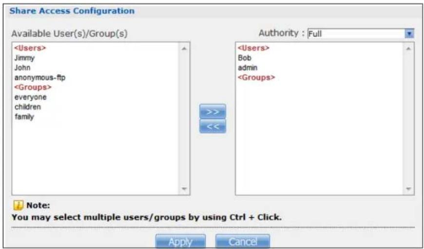 Share Access Configuration Available User(s)/Group(s) Jimmy John anonymous-ftp everyone children family Authority : Full Bob admin Note: You may select multiple users/groups by using Ctrl + Click. Apply Cancel