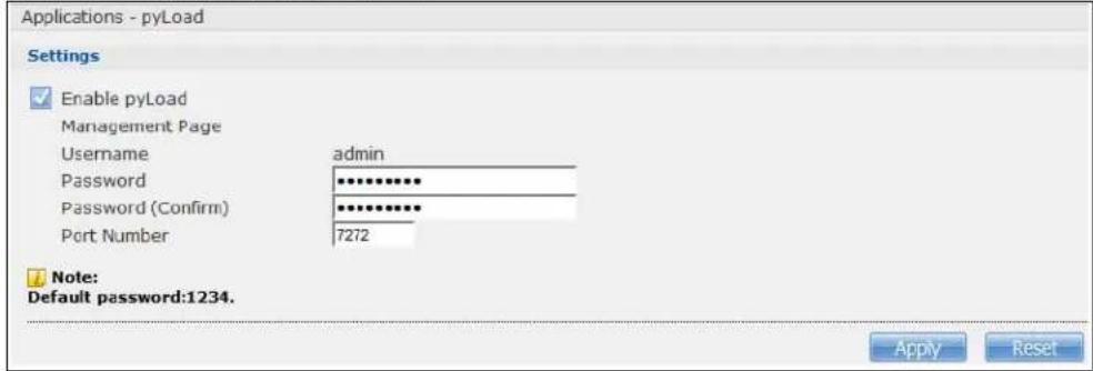 Applications - pyLoad Settings Enable pyLoad Management Page Username admin Password Password (Confirm) ********** Port Number 7272 Note: Default password:1234. Apply Reset