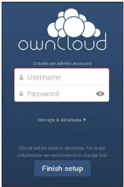 ownCloud Create an admin account Username Password Storage & database ▼ SQLite will be used as database. For larger installations we recommend to change this. Finish setup
