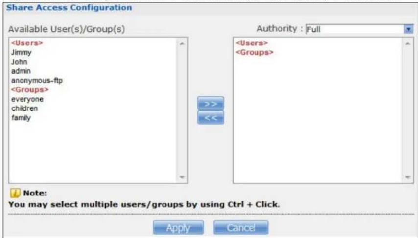 Share Access Configuration Available User(s)/Group(s) Jimmy John admin anonymous-ftp everyone children family Authority : Full Note: You may select multiple users/groups by using Ctrl + Click. Apply Cancel