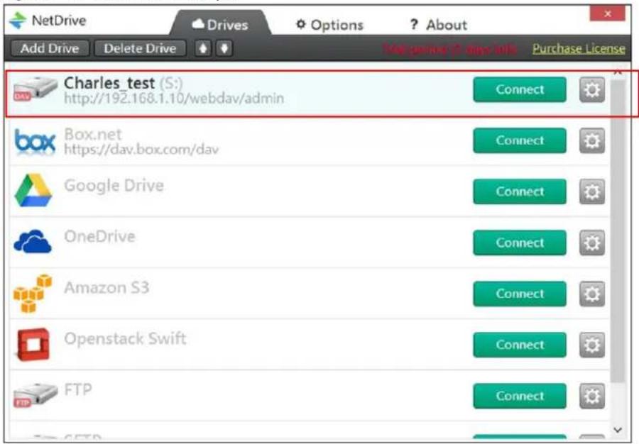 NetDrive Add Drive Delete Drive Drives Options ? About Net drive 2 days 015 Purchase License Charles_test (S:) http://192.168.1.10/webdav/admin Connect Box.net https://dav.box.com/dav Connect Google Drive Connect OneDrive Connect Amazon S3 Connect Openstack Swift Connect FTP Connect