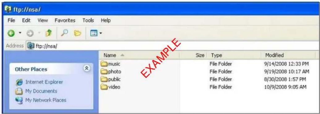 ftp://nsa/ File Edit View Favorites Tools Help Address ftp://nsa/ Name Size Type Modified music File Folder 9/14/2008 12:33 PM photo File Folder 9/19/2008 10:17 AM public File Folder 8/30/2008 1:57 PM video File Folder 10/9/2008 9:05 AM Other Places Internet Explorer My Documents My Network Places