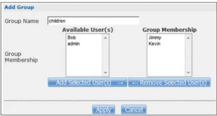 Add Group Group Name children Available User(s) Bob admin Group Membership Add Selected User(s) → ← Remove Selected User(s) Apply Cancel